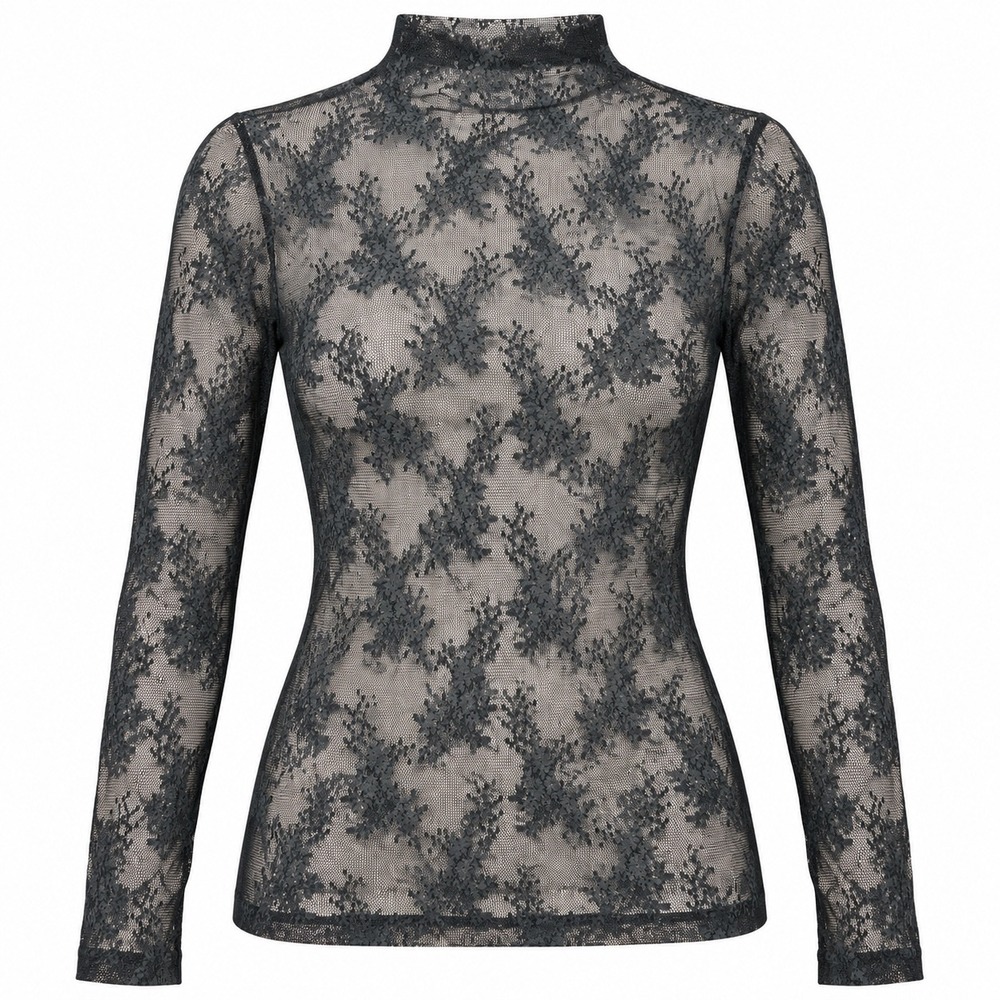 Missguided M Black Floral Lace Mesh Sheer Long Sleeve Mock Neck Top Y2K Goth